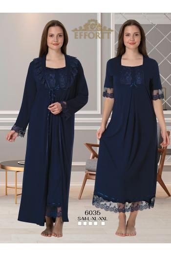 Effortt 6035 LACİVERT Dantelli Sabahlıklı Lohusa Gecelik Takımı